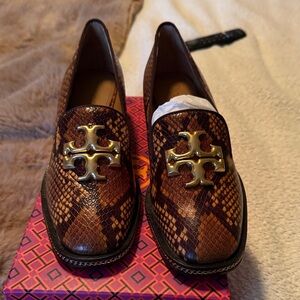 Tory Burch Brown Snakeskin Loafers with Gold Emblem